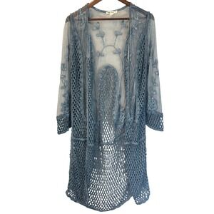 Indigo Thread Co. Medium Blue Mesh Crochet Boho Open Work Kimono Size L/XL